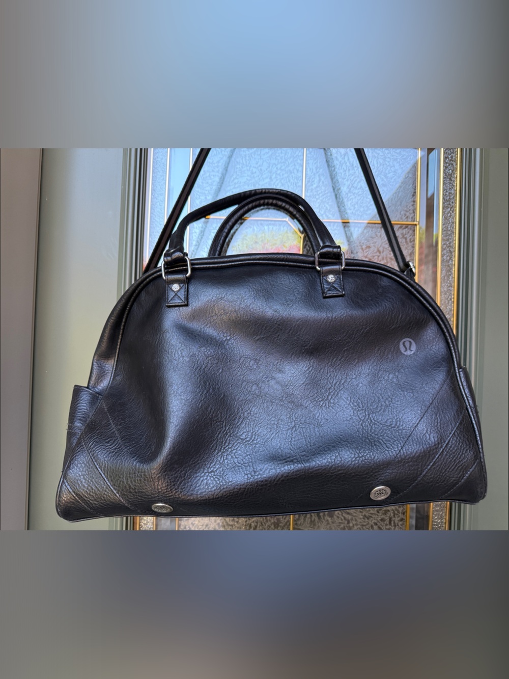 lululemon athletica Black Faux Leather Duffel with Striped Shoulder Strap, EUC!! - Picture 5 of 16
